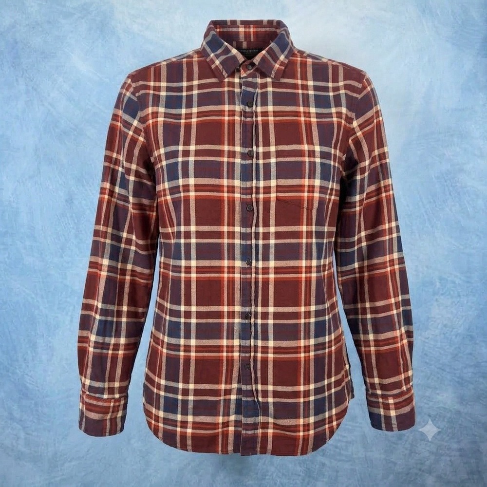 Banana Republic Luxe Flannel Shirt Slim Fit Plaid Burgundy Navy Blue Mens Medium